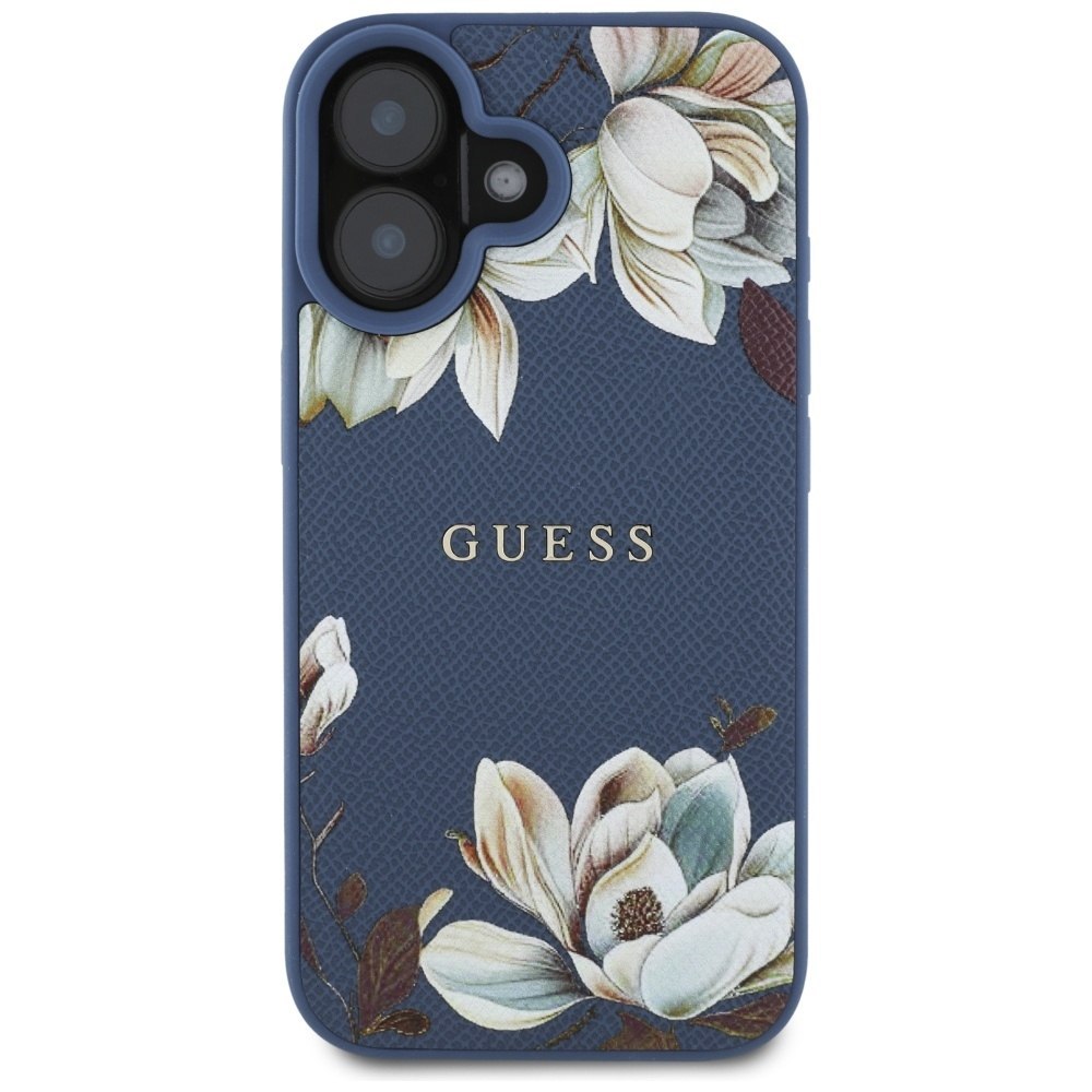 Etui Guess Grained Printed Flower Pattern MagSafe do iPhone 16 niebieski